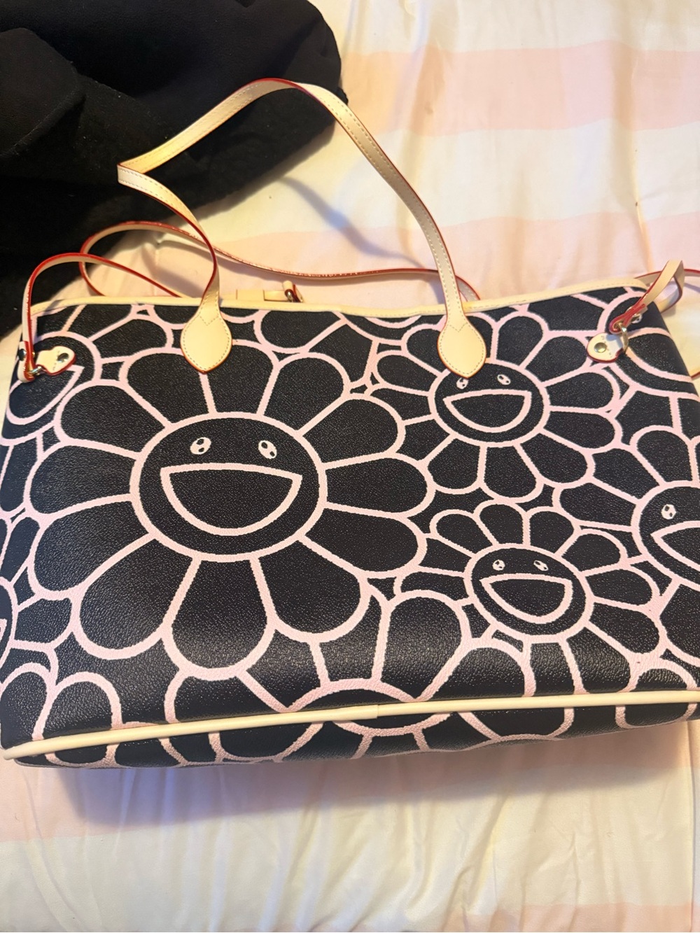 Smiley Floral Tote Bag in Pink and Black